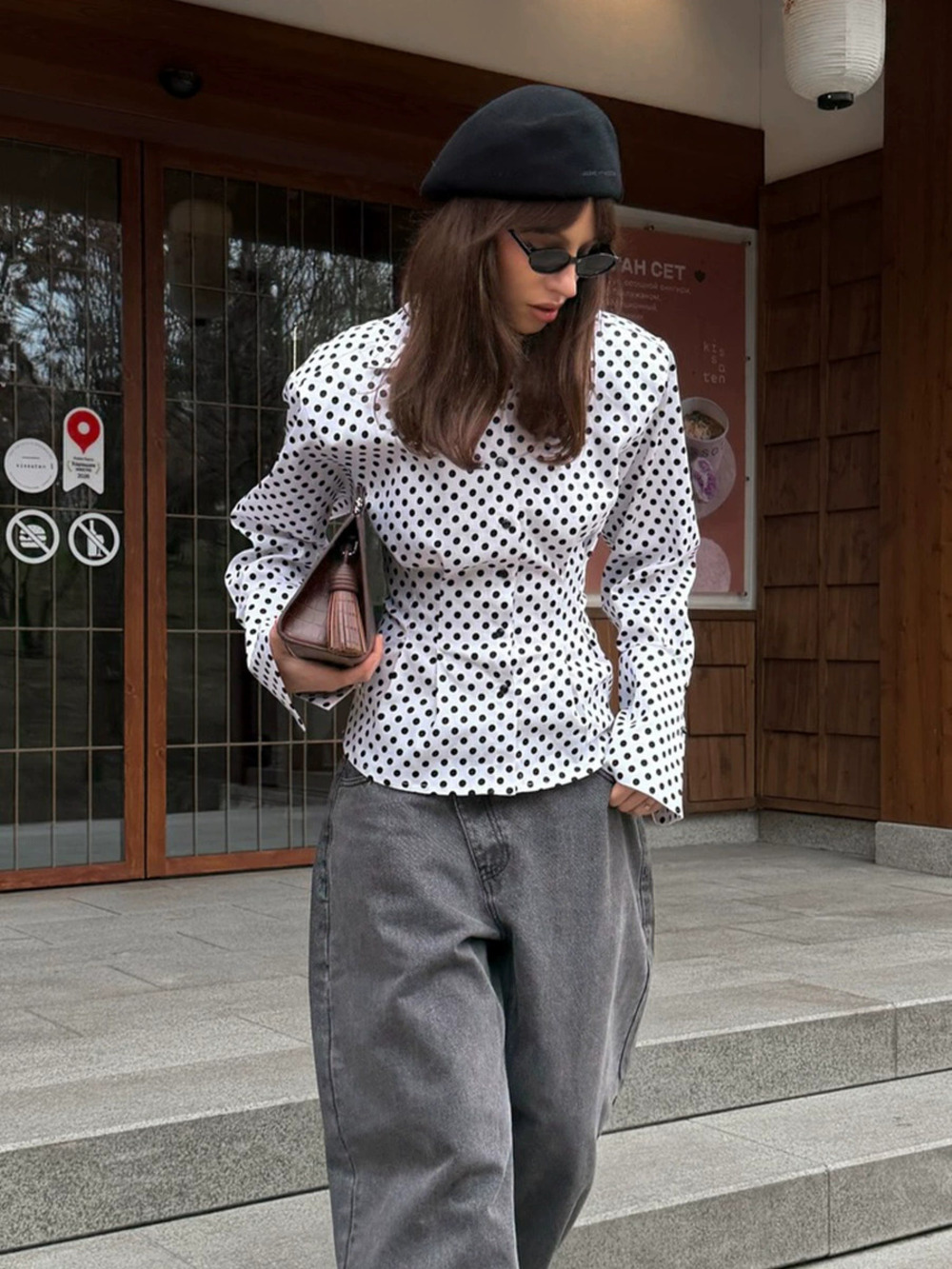ZARA Pure Cotton Polka Dot Long Sleeve Fitted Casual Versatile Office Blouse